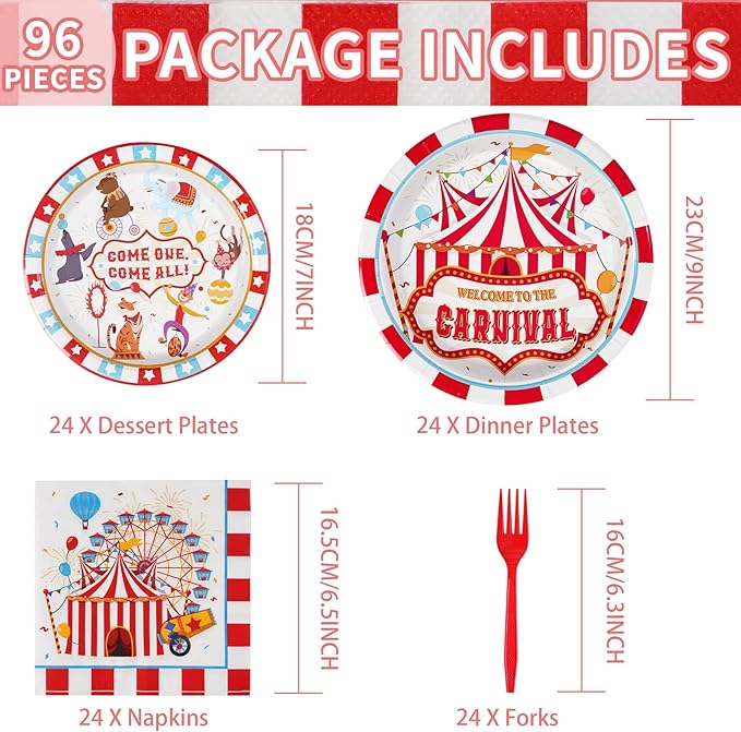 Grencian 96Pcs Carnival Party Decorations Carnival Circus Plates and Napkins Disposable Circus Theme Birthday Paper Tableware Set for Birthday Baby Shower Party Supplies, Serves 24