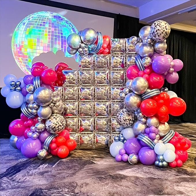 Silver Square Foil Balloon Wall,25Pcs Double Sided Balloons Backdrop Helium Polyester Balloon Tunnel Arch Garland Kit for Disco Party Birthday Bridal Anniversary Baby Shower Party Decorations