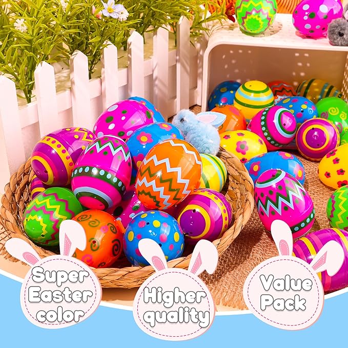 36 Pack Plastic Printed Easter Eggs, 2.4 Inch Fillable Empty Eggs Bulks for Easter Eggs Hunt, Easter Basket Stuffers Fillers, Classroom Prize Supplies, Filling Treats and Party Favors