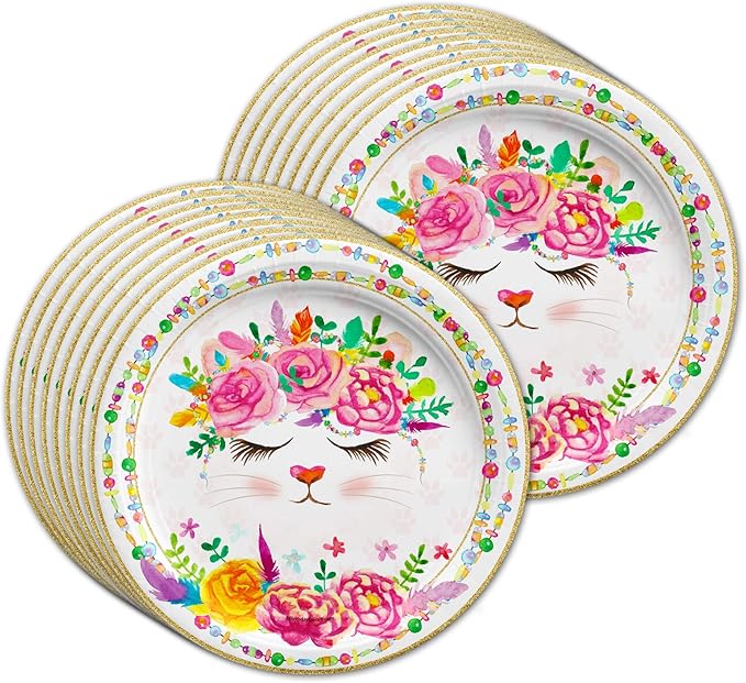 Kitten Kitty Cat Floral Birthday Party Supplies Set - Cat Birthday Party for Girl - Kitten 1st Birthday Party - Spring Party - Boho Party - Tableware Includes Plates, Napkins and Cups | Kit for 16