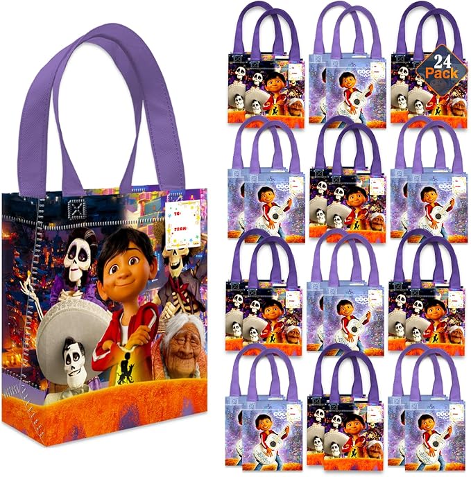 Coco Party Favor Bags Set – 24 Pack 8" Disney Goodie Bags for Kids Bulk Reusable Mini Totes | Disney Coco Birthday Party Supplies