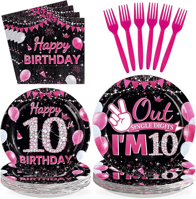 96Pcs 10th Birthday Party Supplies Black and Hot Pink Plates Napkins and Forks Diamond I’m 10 Disposable Paper Tableware Set for Girls 10 Years Old Birthday Party Supplies Serves 24