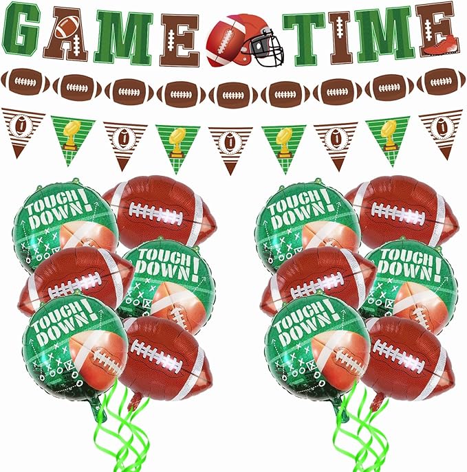 Football Theme Party Supplies, Party Kit Including "GAME TIME" Banners - 6 Pcs Round 'Touchdown!' Foil Balloons - 6 Pcs Football Foil Balloons, Game day, Tailgate Decorations