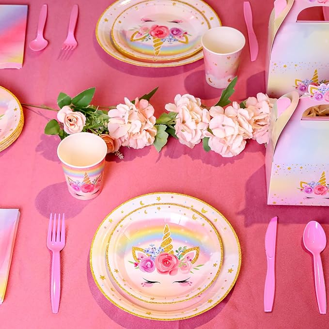 Meanplan 168 Pcs Unicorn Party Tableware Supplies Set Include Rainbow Unicorn Paper Plates Napkins Cups Knives Forks Spoons for Girls Guests Birthday Baby Shower Party Favor Serves 24 Guests
