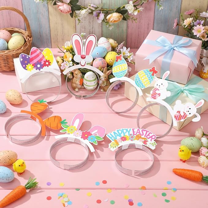 24 Pcs Easter Paper Headbands Colorful Eggs Bunny Headwear Rabbit Chick Head Boppers for Spring Easter Costume Party Favors Supplies Decoration Basket Stuffers Photo Booth Props