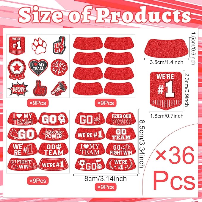 Gameza Red Face Glitter Eye Black Stickers, 36PCS Football Baseball Breathable Eye Stickers, Soccer Face Sticker Party Favors, Spirit Week Accessories for Lacrosse Fans (Glitter, Red)