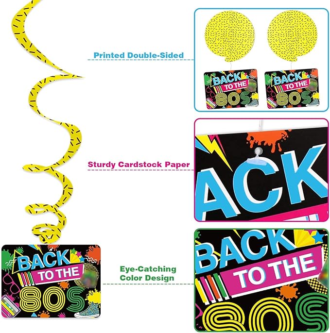 Bessmoso 28PCS 80s Party Decorations – Retro Hanging Swirls & Ceiling Streamers for 1980s Throwback Birthday, Neon Back to The 80’s Party Supplies