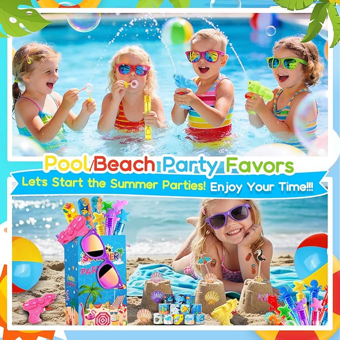Pool Party Favors and Beach Party Favors 168pcs Summer Party Toys for Kids,Including Beach Balls, Sunglasses, Bubble Wands Party Supplies for Summer Birthday Ages 4-8 8-12