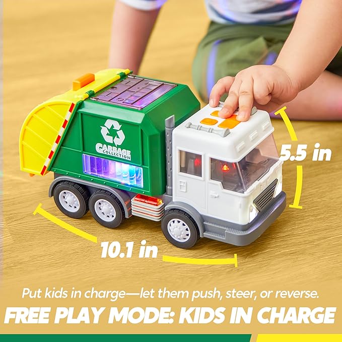 LED Garbage Truck Toy Set Includes Dumpster, Toy Truck with Mode Switch & Volume Control, Trash Vehicle with Lights and Sounds, Automatic Bump, Easter Basket Stuffers Birthday Gift for Boys Girls