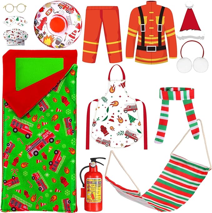 Kacctyen 14 Pcs Fireman Themed Christmas Doll Accessories Include Christmas Doll Firefighter Suit Sleeping Bag Apron Santa Hat Scarf Glasses Pillow Eye Mask Shoes Mask Hammock