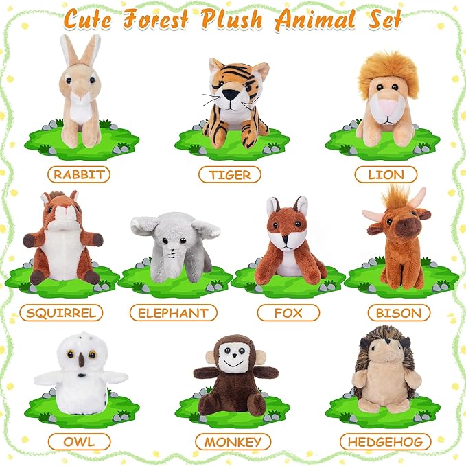My OLi 10 Pack Plush Wild Animals Toys - 3.5 Inch Jungle Stuffed Animal Bulk Toys for Kids: Tiger Lion Elephant Monkey Hedgehog Rabbit Squirrel Owl Fox Bison, Set of 10
