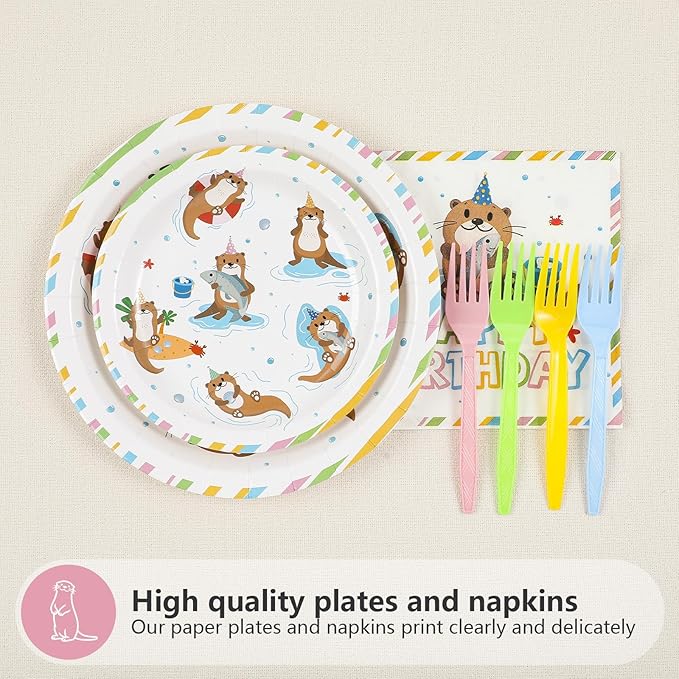 96Pcs Happy Birthday Decorations Otter Birthday Plates and Napkins Under the Sea Otter Decoration Favors for Kids Beach Ocean Animal Themed Bday Baby Shower Party Supplies Serves 24