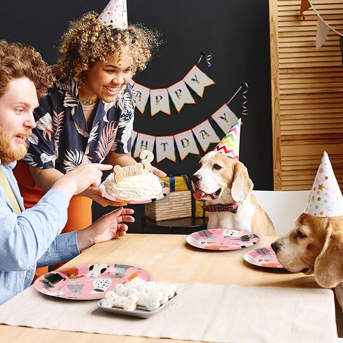 JarThenaAMCS 96Pcs Dog Birthday Party Supplies Disposable Dog Themed Tableware Include 24 Dinner Plates 24 Dessert Plates 24 Paper Napkins 24 Forks Pink Cartoon Dog Birthday Party Decor for 24 Guests