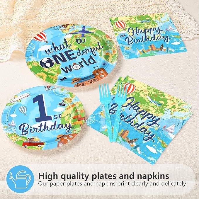 96Pcs Travel Theme 1st Birthday Party Supplies Adventure Awaits Plates and Napkins World Map 1st Birthday Tableware Set for Kids Adventure Time One Year Old Party Supplies，Serves 24