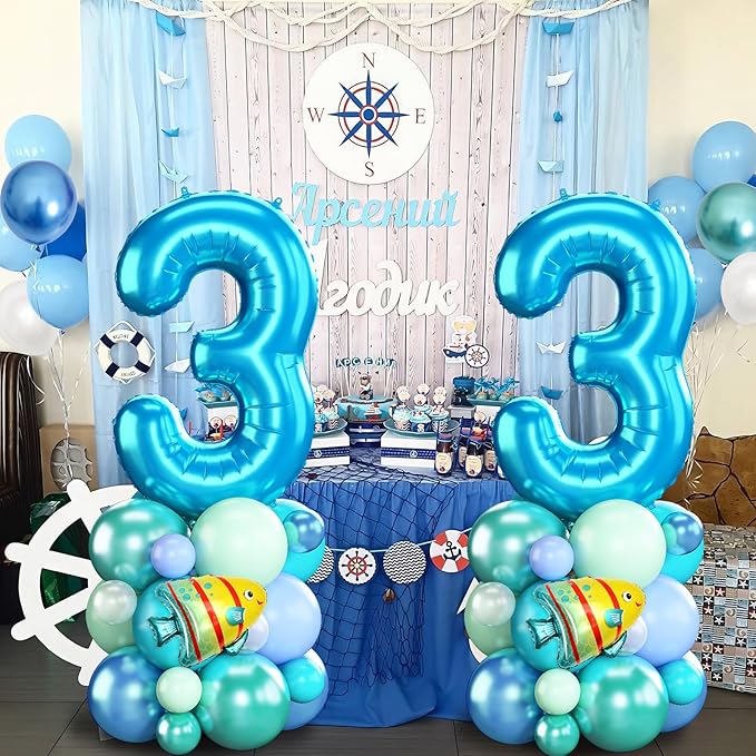Blue Number 3 Balloon 40 Inch Ocean Under the Sea Number Three Foil Balloons Tower with Shark Bubble Fish for Boys Third 3rd Birthday Party Decor Green Underwater Digital Aluminum Balloons Stack
