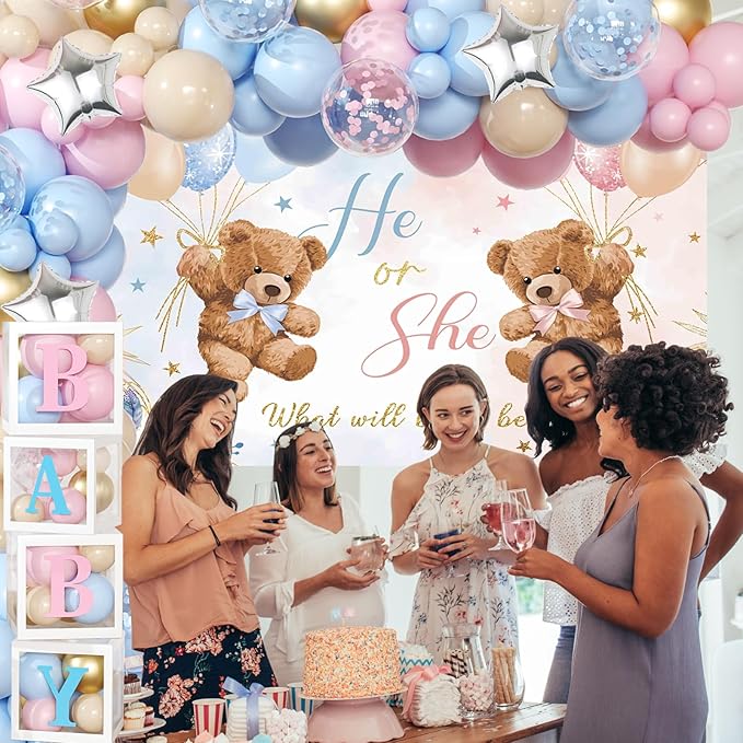 Bear Gender Reveal Balloon Boxes Decorations - 158pcs Pink Blue Balloon Garland Kit, 4pcs Baby Box With Letters, Backdrop for Baby Shower, Boy or Girl Party Supplies