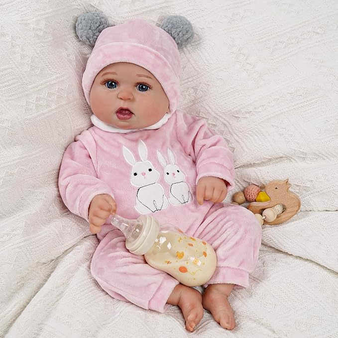 BABESIDE 2 Pcs Reborn Baby Doll Clothes with Hat for 17-22 Inch Babydolls, Cute Bunny Pattern Baby Dolls Outfits Doll Accessories fit Realistic Babydoll Girls, Pink