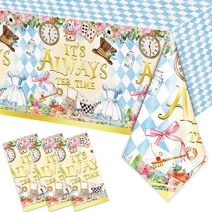 3PCS Wonderland Themed for Girls Kids Baby Shower 1st 2nd Birthday Party Decorations Tea Party Table Cover Table Cloth -54x108in