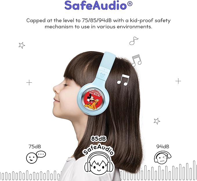 Disney Kids Bluetooth Foldable Headphones: Use Wired or Wireless for Travel, Education, and Screen-Free Entertainment | Includes Mickey Mouse StoryShield, Blue