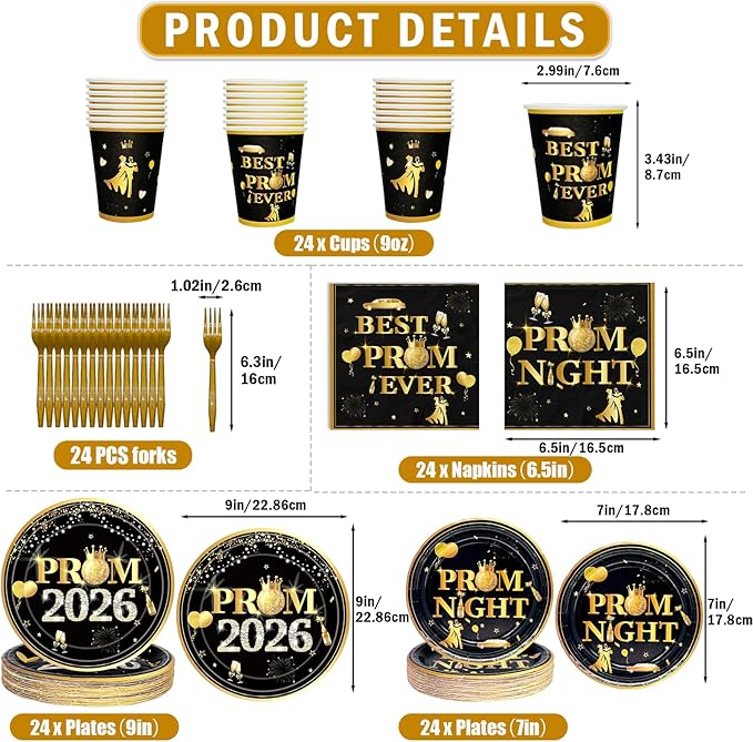 179Pcs Prom Decorations for Party 2026 Prom Plates and Napkins 2026 Prom 2026 Decorations Prom Party Supplies with Prom Night Banner