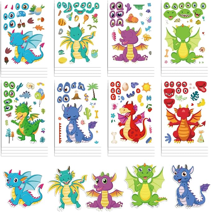24 Sheet Dragon Stickers Make Your Own Dragon Sticker for Kids 3+, Cartoon Make-a-face Sticker Girls Boys Dragons Birthday Party Decorations,DIY Dragons Craft Birthday Party Favor Supplies
