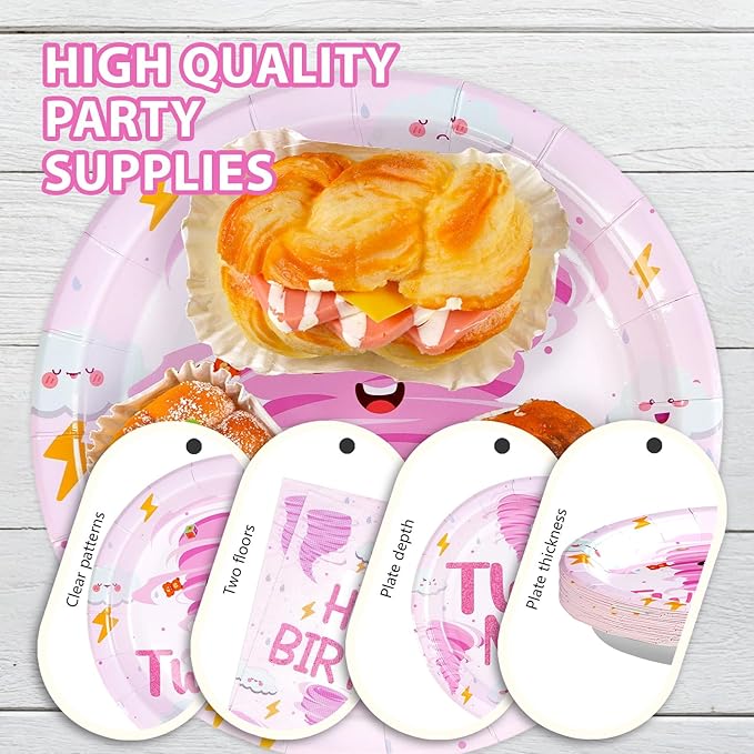 Grencian 96Pcs Two Nado Party Supplies Pink Tornado 2nd Birthday Plates and Napkins Tableware Sets Two Nado Party Decorations Favors for Girls Baby Shower 2 Year Old Birthday Supplies Serves 24