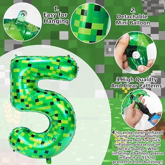 40in Pixel Number 5 Balloon Birthday Decorations, Miner Theme Foil Balloons banner Blast Gaming Party Supplies