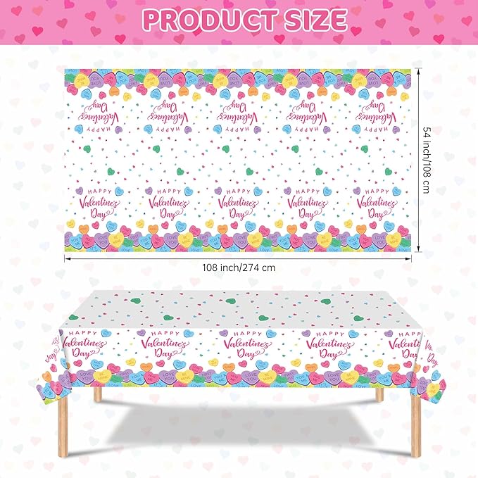 2 Pack Happy Valentines Day Tablecloth - Valentine's Day Tablecloths Plastic, Disposable Rectangle Colorful Love Heart Valentine Table Cloth Cover for Wedding Anniversary Party Decoration,54x108 Inch