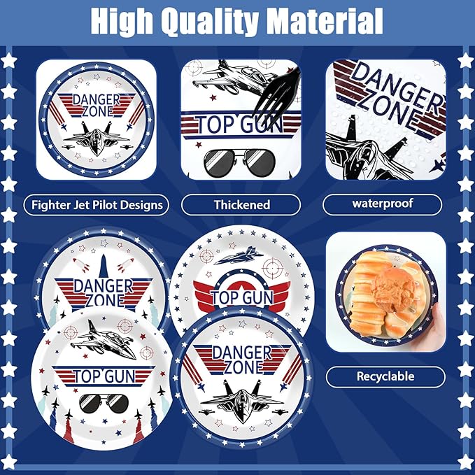 48Pcs Fighter Jet Pilot Birthday Party Paper Plates for Airplane Aviation Party Supplies 7" Fighter Jet Pilot Themed Birthday Party Disposable Plates for Kids Birthday Baby Shower Party Decorations