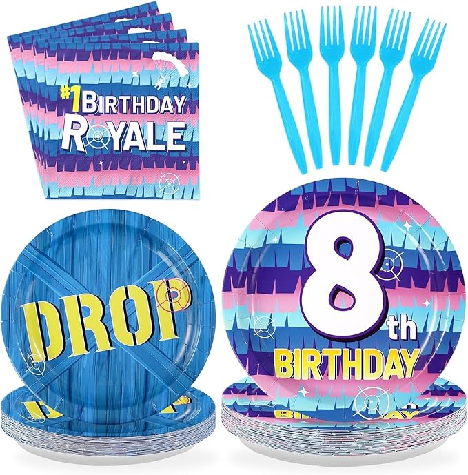 96Pcs 8th Video Game Birthday Party Supplies Happy 8th Game Theme Plates and Napkins Disposable Blue Drop Tableware Set for 8 Year Old Kids Boys Birthday Decorations Serves 24