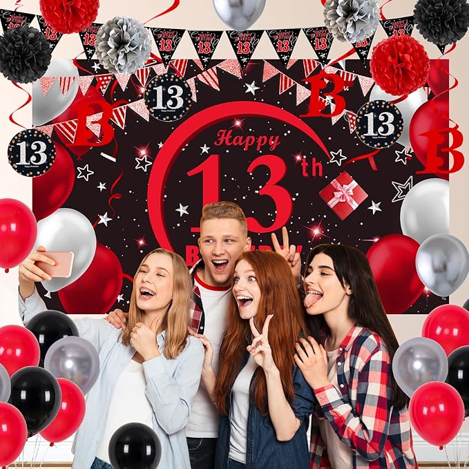 13th Birthday Decorations for Boys Girls Red and Black, Happy 13th Birthday Backdrop Banner, 13th Teenager Birthday Balloons Triangle Flag Tablecloth, 13 Year Old Boy Girl Bday Party Supplies
