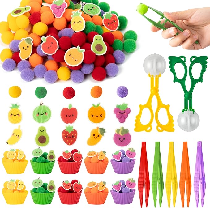 EZdhuawuse Summer Sensory Bin Fillers - 268P Summer Fruit Fine Motor Toys Counting Sorting for Kids, Color Sorting Set with Felt Banana Pom Poms Cup Clip for Preschool Education Birthday Party Favors
