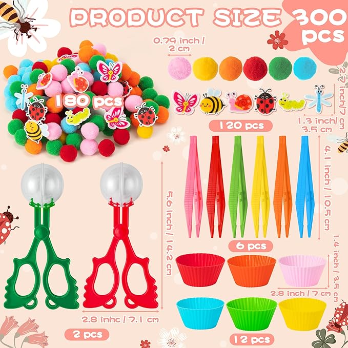 EZdhuawuse Spring Insects Sensory Bin Fillers - 321P Spring Bee Fine Motor Toys Counting Sorting for Easter Gift, Counting Toy with Felt Butterfly Pom Pom Cup Clip for Preschool Education Activities