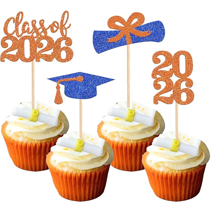 36 PCS Glitter 2026 Graduation Theme Cupcake Toppers Diploma Class of 2026 Graduation Cap Cupcake Picks for Class of 2026 Graduate Theme Party Cake Decorations Supplies Blue Orange