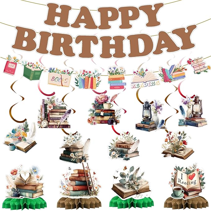 Book Birthday Party Decorations Banner - 15 Pcs One For The Books Birthday Theme Banner Garland Swirls Storybook Honeycomb Centerpieces Table Decor For Reading Library Club Book Party Supplies