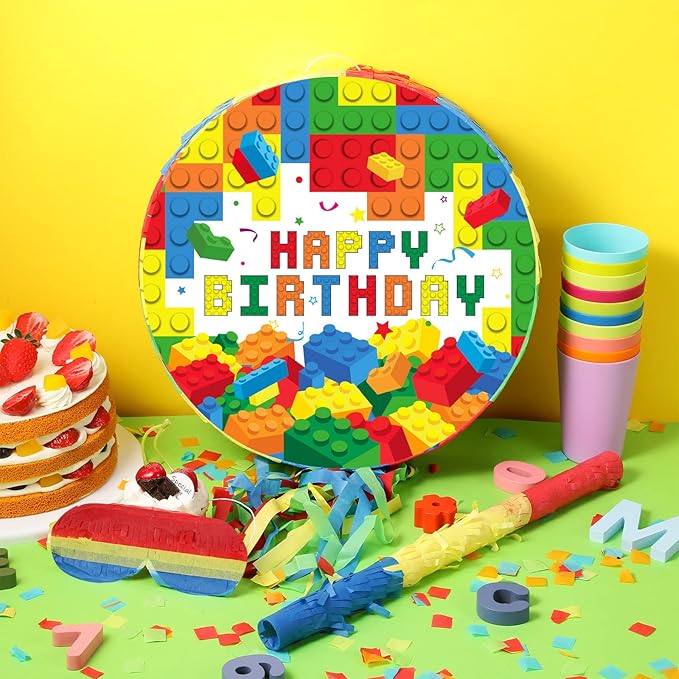 Jexine Birthday Block Piñata Set Birthday Building Piñata with Blindfold, Bat, Stick Blocks Party Supplies for Carnival Fiesta Party Supplies Event Decoration