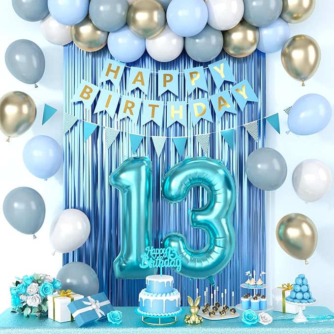 13th Birthday Decorations, Blue Happy Birthday Party Decorations With Teal Blue Number 13 Balloons Dusty Macaron Blue White Balloons Fringe Curtain Banner Cake Topper For Boy Girl Party Supplies