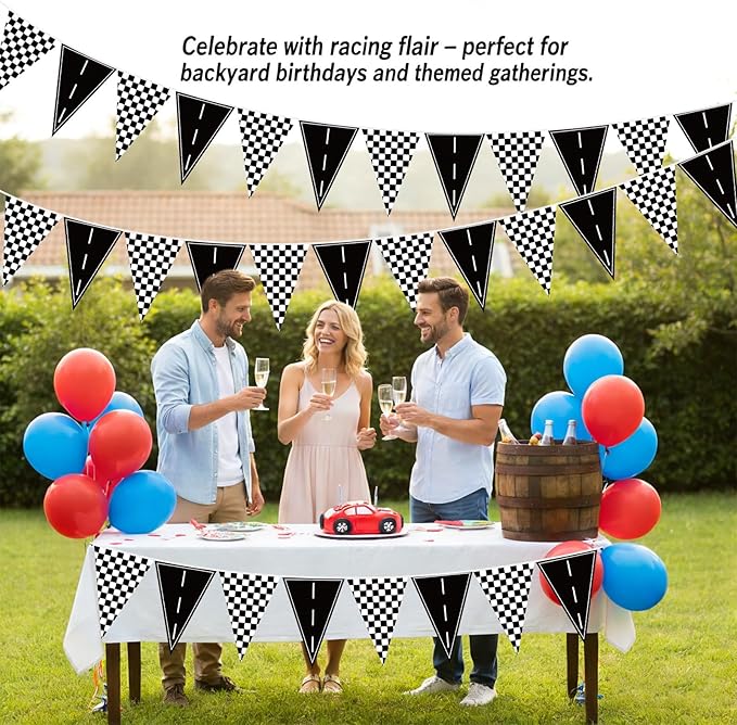 Jetec 5 Pack 49 Ft Checkered Racing Flag Banner for Race Car Party Decorations, Black White Pennant Bunting, Road Track Birthday Supplies for Sports Theme Event Decor, Indoor Outdoor Hanging Flags