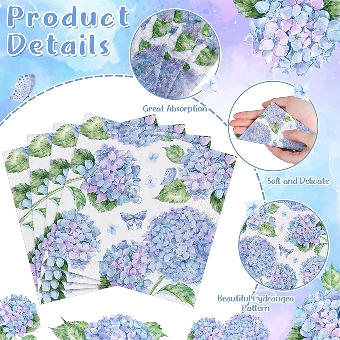 100 Pcs Hydrangea Napkins, Floral Cocktail Napkins Blue and Light Purple Hydrangea Flower Napkin Beverage Dessert Napkin for Bridal Baby Shower, Tea Party, Birthday