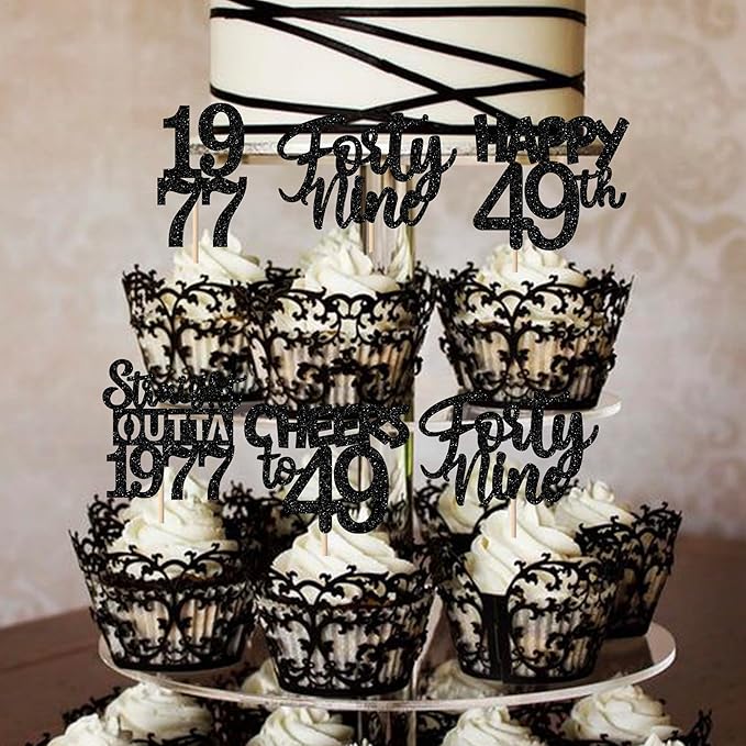 30PCS Black 49th Birthday Cupcake Toppers Glitter Forty Nine Happy 49th Straight Outta 1977 Cupcake Picks for Cheers to 49 Years Birthday Wedding Anniversary Party Cake Decorations Supplies