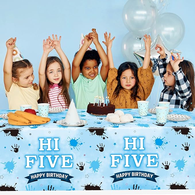 3Pcs Hi Five Party Tablecloths - Blue High 5 Year Old Party Table Covers Decorations 5th Birthday Rectangular Plastic Disposable Table Cloth Decor for Kids Five Years Old Birthday Baby Shower Supplies