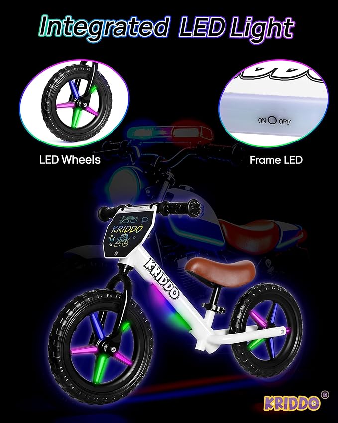 KRIDDO Toddler Balance Bike 2 Years Old, 12-Inch Colorful Lighting-Up Push Bicycle with LCD Writing Tablet, Steady Balancing, Gift Bike for 2-5 Boys Girls, LED-White