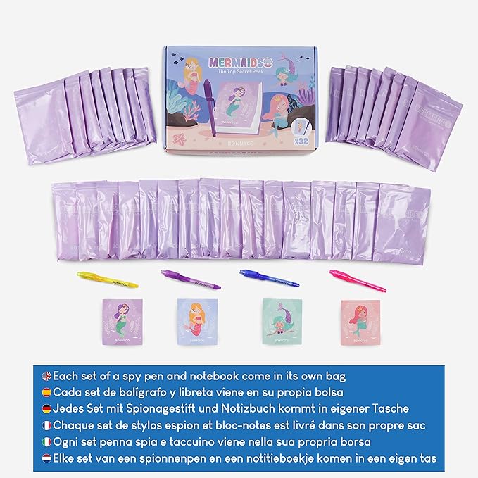 BONNYCO Invisible Ink Pen and Notebook Pack of 32 Mermaid Party Favors for Kids | Spy Pen Mermaid Party Supplies, Prizes for Kids | Magic Pen Birthday Party Favors, Prizes for Students