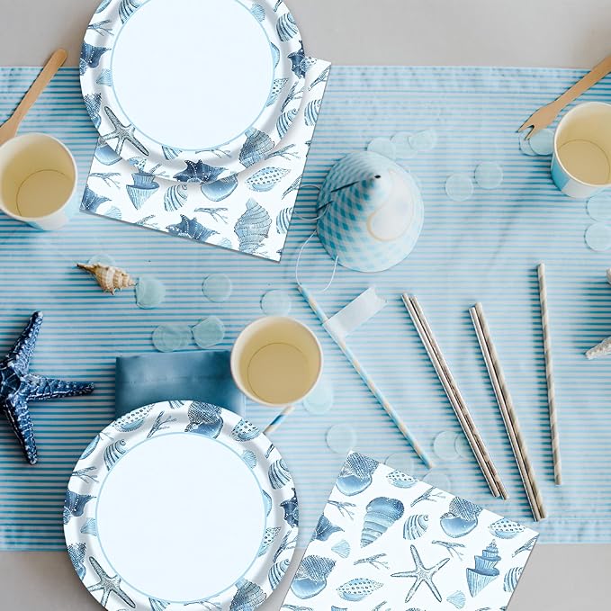 40pcs Ocean Seashell Party Supplies Beach Theme Party Decorations Tableware Set Summer Paper Plates and Napkins for Kids Birthday Baby Shower Decorations