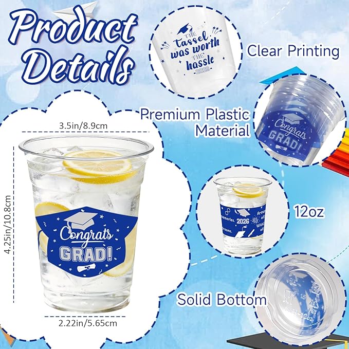 GuassLee Blue Silver Graduation Decorations 2026 Party Cups - 50pcs 12 Oz Blue and Silver Disposable Graduation Plastic Clear Cups for Drinks Class of 2026 Grad Party Supplies