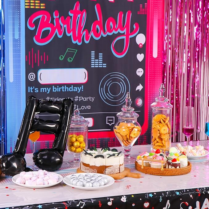 OurWarm Tik Tok Birthday Party Decorations, 135Pcs Happy Birthday Decorations, Includes Banner, Fringe Backdrop, Balloons Arch, Tablecloth for Party Supplies