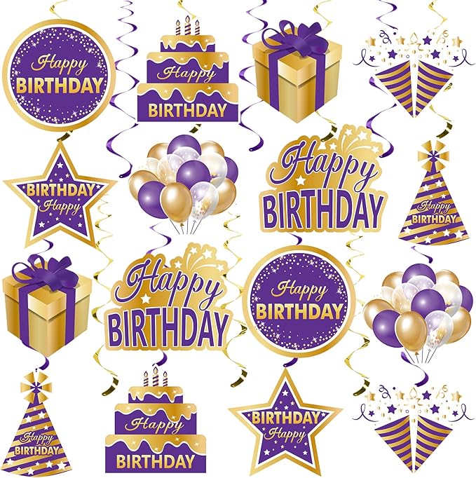 Purple Gold Birthday Hanging Swirls Decorations for Women Girls, Purple Happy Birthday Foil Swirls Party Supplies, 10th 16th 21st 30th 40th 50th 60th Bday Ceiling Sign Decor