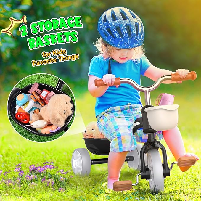 Toddler Tricycle for 1-3 3-4 Year Olds, 2 3 4 Year Old Boy Girl Birthday Gifts, Toddler Baby Bike, 3-Level Adjustable Seat, 3 Color Light Wheels, 2 Baskets, Outdoor Riding Toys for Ages 2-4