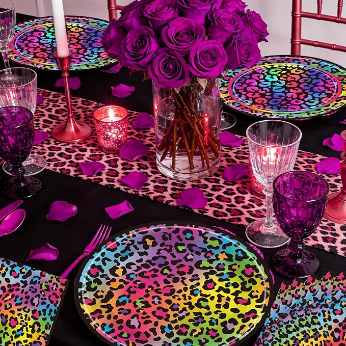 96Pcs Cheetah Print Birthday Party Decorations, Neon Rainbow Leopard Themed Party Supplies Tableware Set Include Paper Plates, Napkins, Forks, Serves 24 Guests