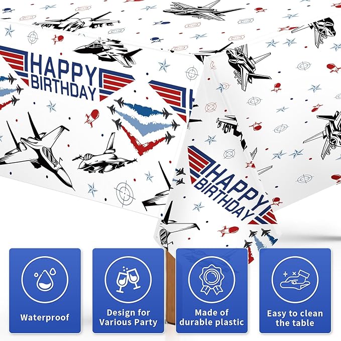 3 Pcs Fighter Jet Pilot Birthday Tablecloth Military Jet Table Cover Plastic Rectangle Airplane Table Cloth Air Force Party Decorations for Boys Pilot Aviation Birthday Party Supplies 54" x 108"